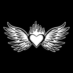 Wall Mural - Heart wings art Illustration hand drawn black and white vector for tattoo, sticker, logo etc