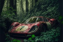 Wracked Old Rusty Sportscar Overgrown With Foliage In Jungle Forest Illustration Generative Ai
