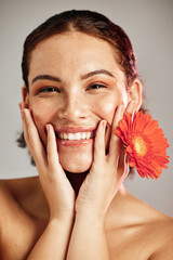 Wall Mural - happy portrait, beauty face and flower for skincare woman with dermatology and cosmetic. floral faci