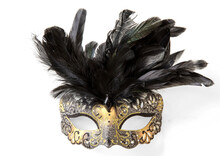 Carnival Venetian Mask With Black Feather Decoration Isolated On White