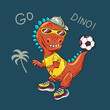Cute cool dinosaur playing football. Cartoon line art vector illustration of mascot character. Design for print perfect for boys t-shirt, pajama, clothes.