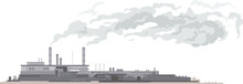 Industrial Plant With Long Gray Clouds Of Smoke From Pipes Isolated Composition, Factory Buildings Silhouette, Environmental Pollution, Smog And Fog In Air, Flat Style Isolated