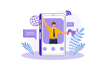 Poster - Social marketing concept with people scene in the flat cartoon design. Man looks for and calls the target audience to new social ideas and their implementation.