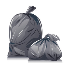 Two black garbage bags composition isolated on white, utilization of household waste, garbage bags ready to be taken to landfills