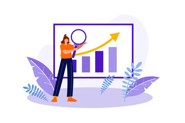 Aufkleber - Sales performance concept with people scene in the flat cartoon design. New employee learns sales performance using a chart and magnifying glass.