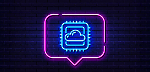 Poster - Neon light speech bubble. Cloud computing cpu line icon. Internet data storage sign. File hosting technology symbol. Neon light background. Cloud computing glow line. Brick wall banner. Vector