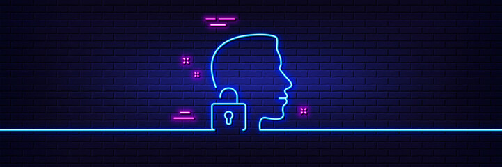 Poster - Neon light glow effect. Face accepted line icon. Access granted sign. Unlock system symbol. 3d line neon glow icon. Brick wall banner. Unlock system outline. Vector