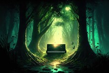 Magical Fantasy Fairy Tale Scenery With Piano, Night In A Forest ,made With Generative AI