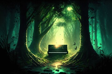 Magical fantasy fairy tale scenery with piano, night in a forest ,made with Generative AI