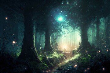 Wall Mural - Magical fantasy fairy tale scenery, night in a forest ,made with Generative AI