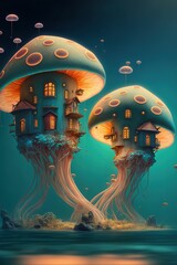 Wall Mural - Fantasy fairytale house inside giant mushroom in fairytale forest ,made with Generative AI