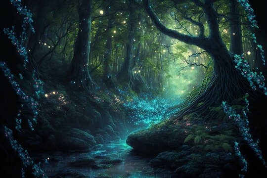 Magical fantasy fairy tale scenery, night in a forest ,made with Generative AI