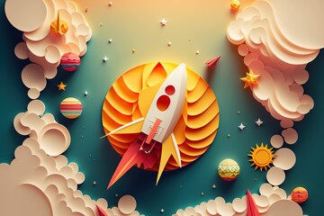 Paper cut rocket in space background illustration ,made with Generative AI