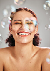 Wall Mural - bubbles, happy face and beauty woman in studio for skincare cosmetics, natural skin and dermatology.
