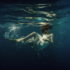 Wall Mural - Portrait of a girl with long hair in a white dress with ribbons underwater