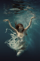 Wall Mural - Portrait of a girl with long hair in a white dress with ribbons underwater