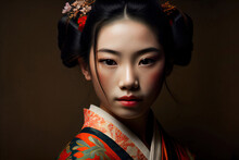 Portrait Of A Geisha On A Dark Background.Generative AI