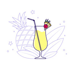 Wall Mural - Alcoholic cocktail - pina colada with pineapple and leaves in the background. Illustration on transparent background