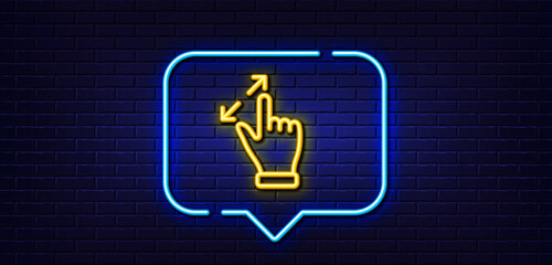 Wall Mural - Neon light speech bubble. Touchscreen gesture line icon. Zoom in sign. Action arrows symbol. Neon light background. Touchscreen gesture glow line. Brick wall banner. Vector