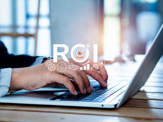 Poster - return on investment - roi concepts. roi, text with business strategy icons and business person work