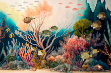 Wallpaper Of The Bottom Of The Gulf In The Red Sea With Colorful Fish, Coral Reefs, Marine Plants, Crustaceans, Squids And Jellyfish In Vintage Style - Digital Painting