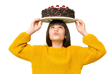 Poster - Little girl holding birthday cake over isolated chroma key background