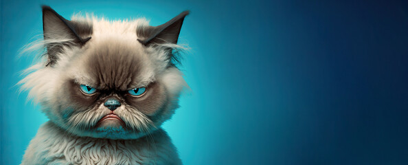 Poster - Angry, disgruntled cat on a blue background, created with Generative AI technology. Copy space.