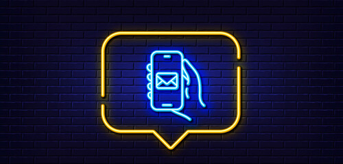 Poster - neon light speech bubble. mail app line icon. hand hold phone sign. cellphone with screen notificati