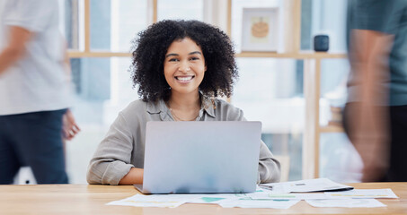 Poster - Portrait, happy or business woman with laptop in office for motivation, inspiration or vision with a smile. Manager, leader or employee with tech for innovation, strategy and future success planning
