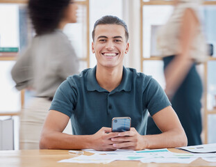 Poster - Planning, busy office and person on a phone communication, email management or social media startup. Happy worker, man portrait or employee smile and working on smartphone, chat app in fast workplace