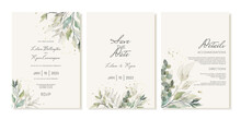 Rustic Wedding Invitation Template Set With Green Leaves, Eucalyptus And Branches. Invitation Cards, Details In Watercolour Modern Style.