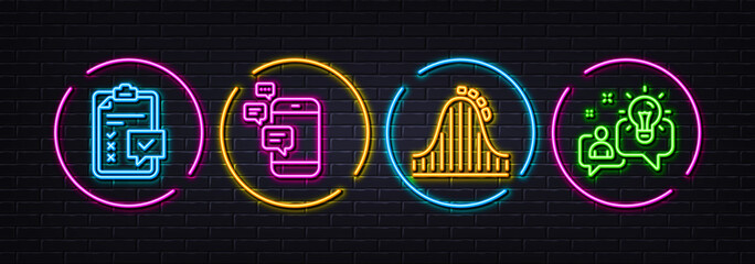 Poster - checklist, roller coaster and communication minimal line icons. neon laser 3d lights. idea icons. fo