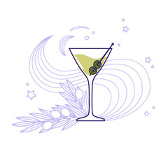 Wall Mural - Alcoholic cocktail - martini with olive branch and stars in the background. Illustration on transparent background