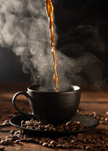 Coffee Hot And Black Cup, Pouring Coffee Into A Black Cup On Rustic Wood, Dark Food Style Photo, Selective Focus.