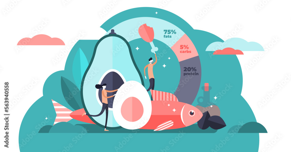 Keto diet illustration, transparent background. Flat tiny persons ...
