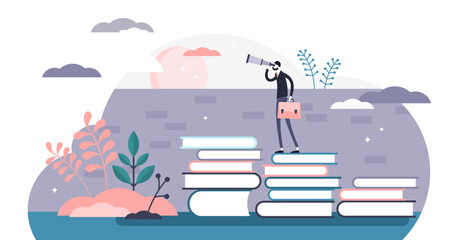 Knowledge illustration, transparent background. Smart wisdom persons in flat tiny concept. Wider and far reaching vision from learning and reading books in academic education.