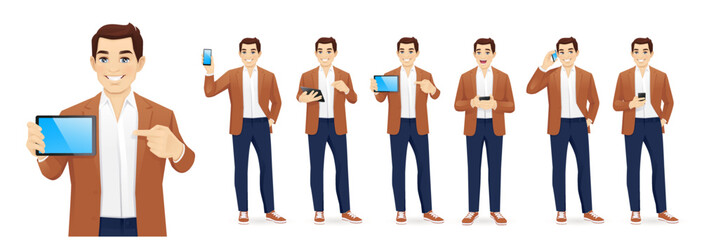 Handsome business young man in casual clothes with gadgets phone and tablet set isolated vector illustration