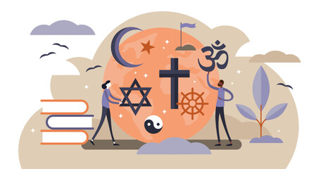 Religion illustration, transparent background. Flat tiny symbolic element collection persons concept. Theology study and knowledge about christianity, islam and muslim ethnic heritage.