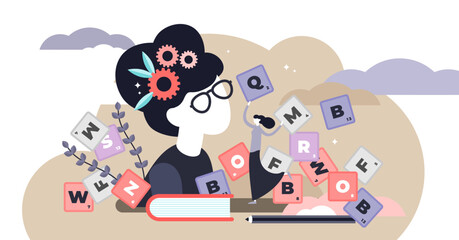 Leinwandbilder - Vocabulary illustration, transparent background. Flat tiny words knowledge persons concept. Familiar language development and learning for communication skills.