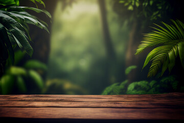 Wall Mural - Jungle and wooden table background created with generative Ai technologies