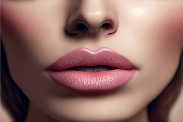 Wall Mural - Close up of lips with pastel pink lipstick. Beautiful woman face natural make up, fashion. AI generative