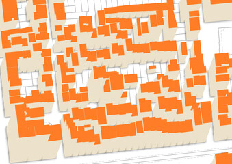 Wall Mural - Urbanisme et territoire - Rendu 3d plan cadastral avec limites de parcelles et bâtiments 3d du centre ville d'une métropole