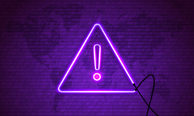 Wall Mural - attention danger hacking. neon symbol on map purple background. security protection malware hack att