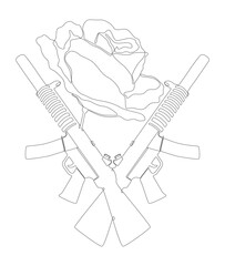 Poster - One continuous line of a Machine Gun with Rose. Thin Line Illustration vector concept. Contour Drawing Creative ideas.