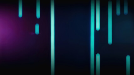 Wall Mural - Bokeh neon glow. Futuristic background. Fluorescent illumination. Defocused cyan green blue purple color LED light stripes on dark black abstract free space.