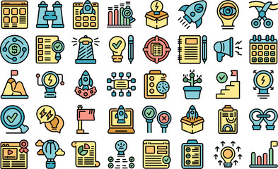 Sticker - Launch project icons set outline vector. Rocket boost. Start business color line flat isolated on white