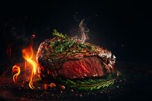 A Juicy Steak Seasoned With Rosemary And Thyme, Grilled To Perfection Over An Open Flame