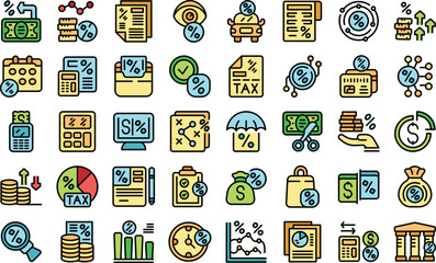Wall Mural - Tax deduction icons set outline vector. Income account. Relief calculator color line flat isolated on white