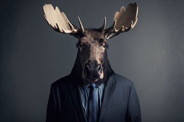 Wall Mural - Portrait of a Moose dressed in an elegant business suit, generative ai