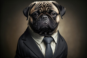 Wall Mural - Portrait of a pug dog dressed in an elegant business suit, generative ai